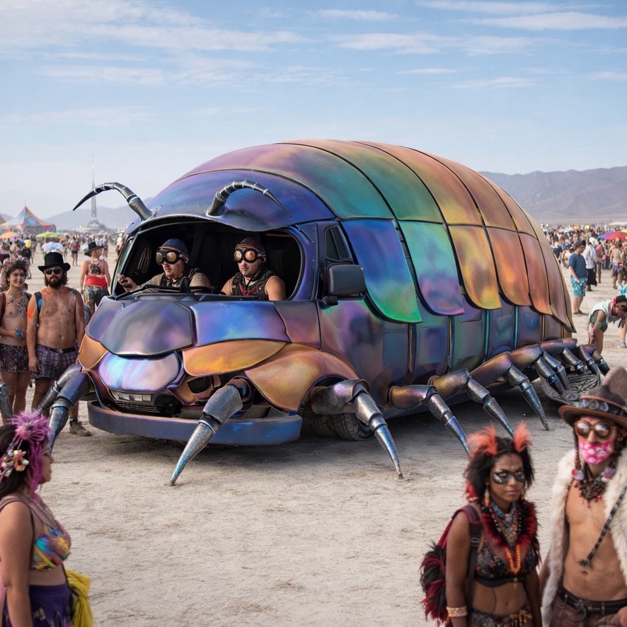 Iridescent pill bug art car on the playa