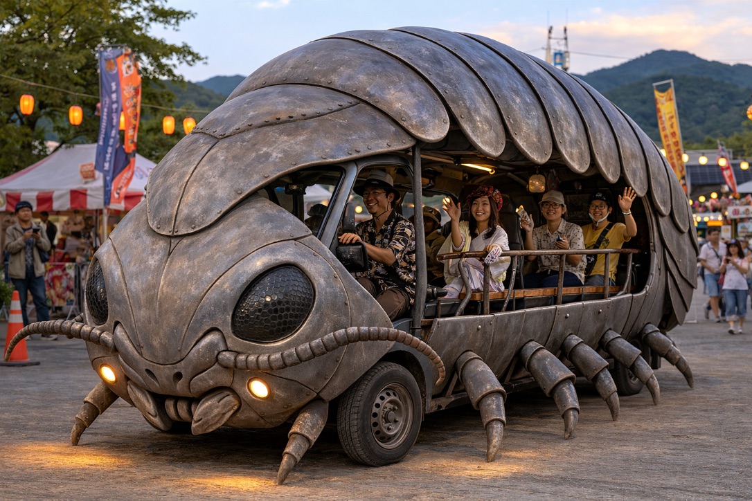 Giant isopod vehicle at a festival in Japan