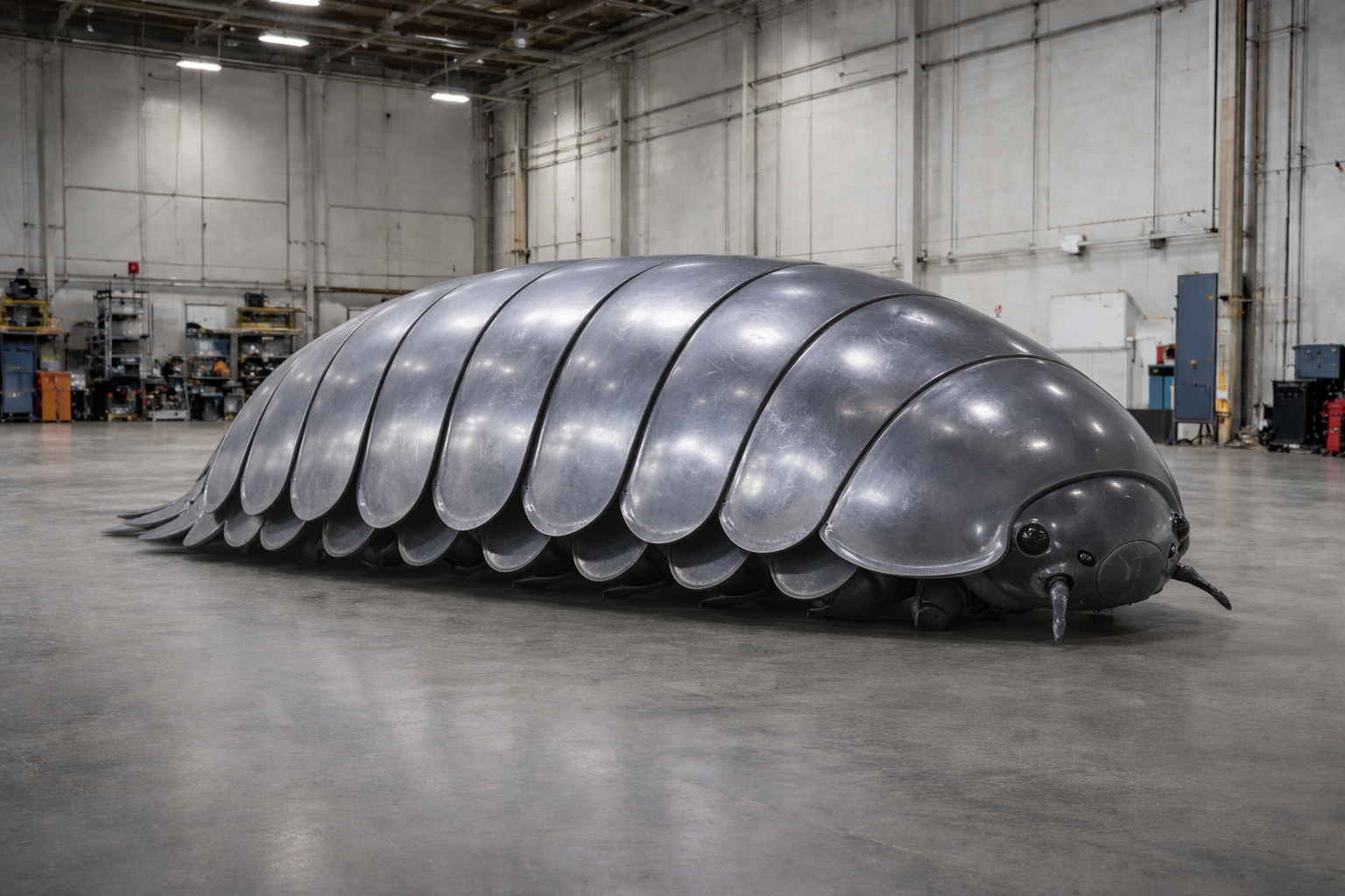 Large-scale metal pill bug sculpture in warehouse