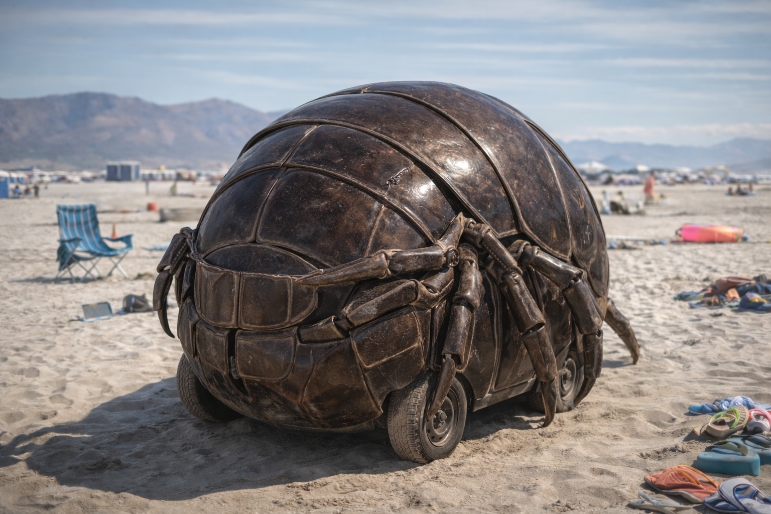 Rolled-up pill bug art car on the playa