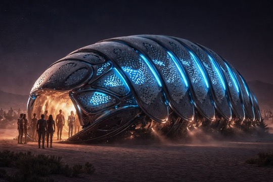 Giant glowing pill bug concept art at night