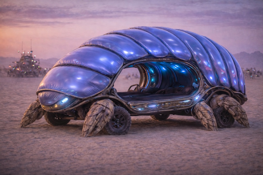 Chrome pill bug art car at dusk on the playa